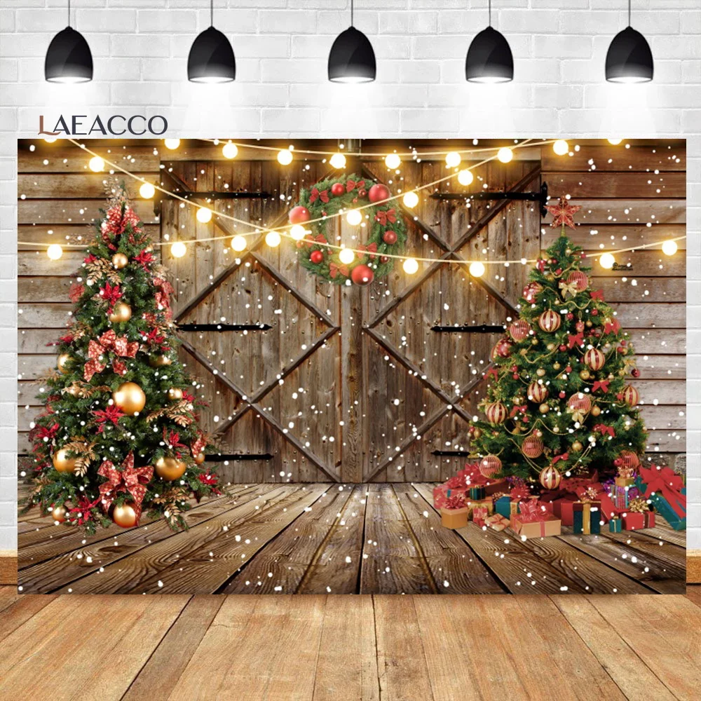 

Laeacco Rustic Christmas Barn Door Photography Backdrop Wood Board Wall Floor Xmas Trees Kids Newborn Girls Portrait Background