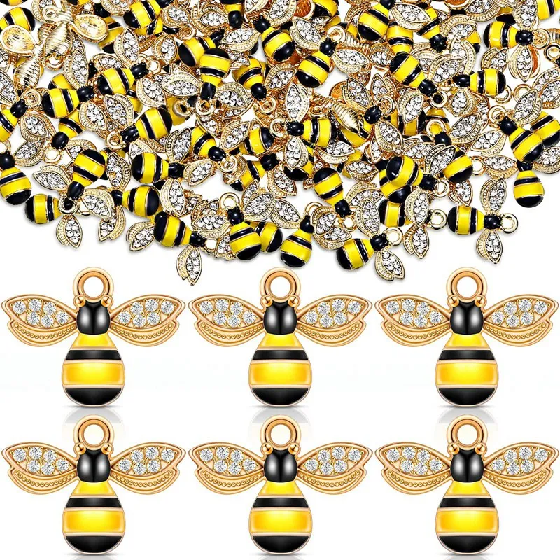 

200 Pcs Enamel Bee Charms Rhinestone Enamel Craft Embellishments Alloy Bee Pendant For Jewelry Making