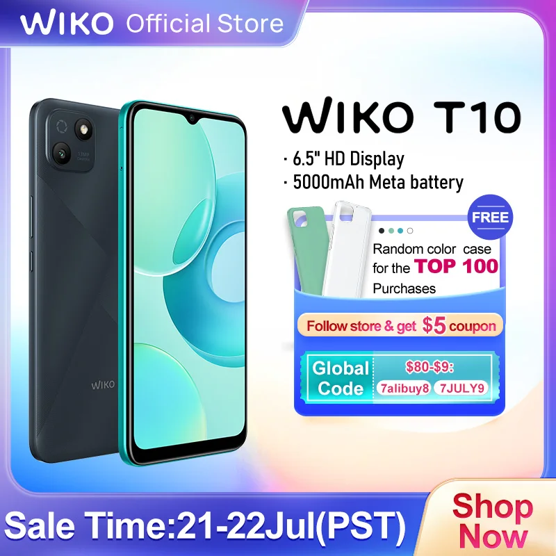 WIKO T10 Smartphone Android 2GB RAM 64GB ROM 5000mAh 6.5 Inch HD+ Display 13 MP Camera Mobile Phones Global Version 2022