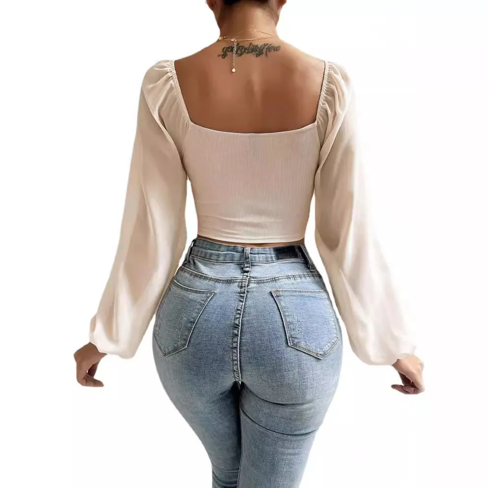 Женский шифоновый топ с рукавами-фонариками и V-образным вырезом