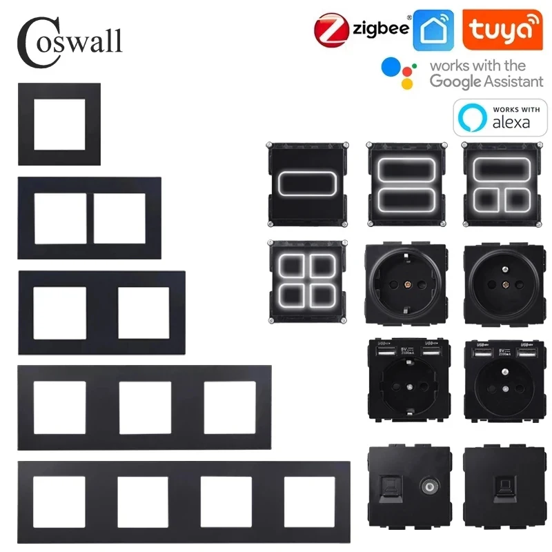 COSWALL Black Matt Plastic Panel Zigbee 3.0 Tuya 1/2/3/4 Gang Switch With Normal EU Socket USB Charger TV RJ45 Modules DIY