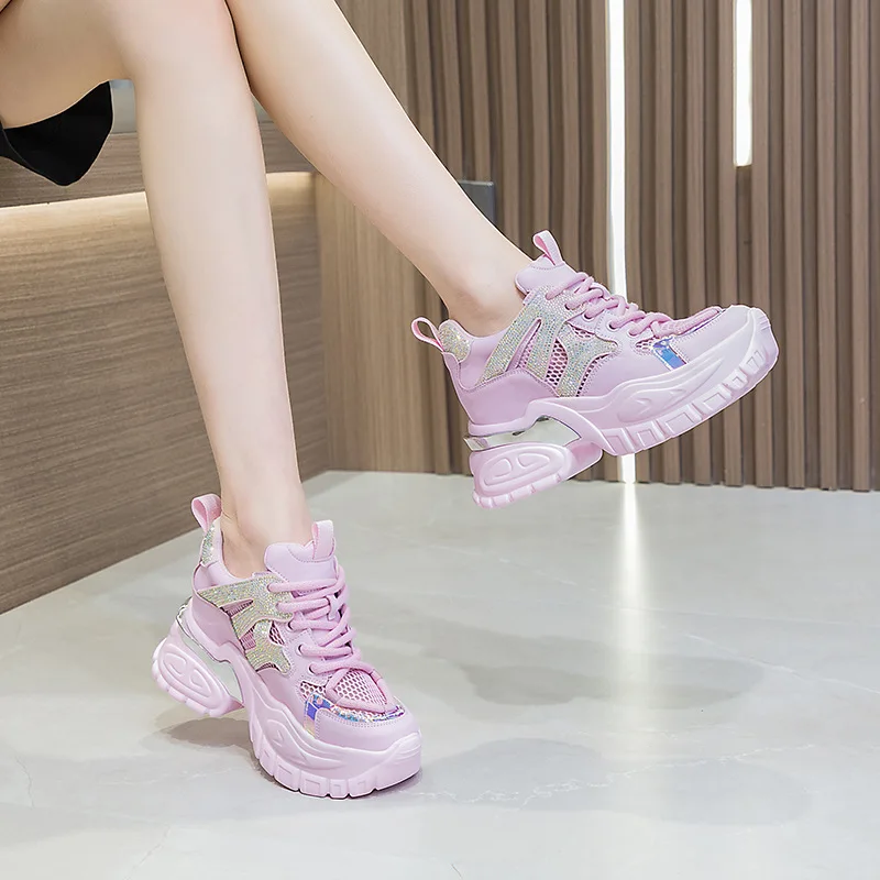 10.5cm Air Mesh Hollow Female Platform 2023 Wedge Chunky Sneakers Genuine Leather Comfy Rhinestone Fashion Summer Women Shoes