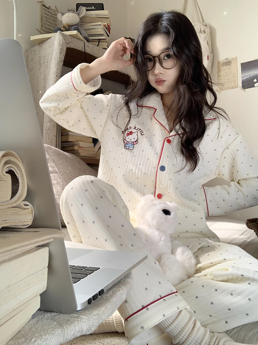 Женские хлопковые пижамы в горошек осень и зима 2024 новый стеганый теплый