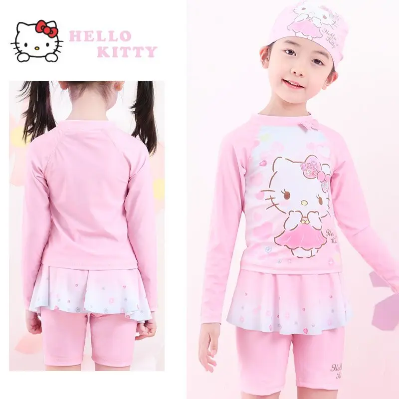 

Sanrio Kawaii Hello купальник в стиле Китти мультфильм милый купальник тонкий Быстросохнущий с длинными рукавами детский подарок для детей