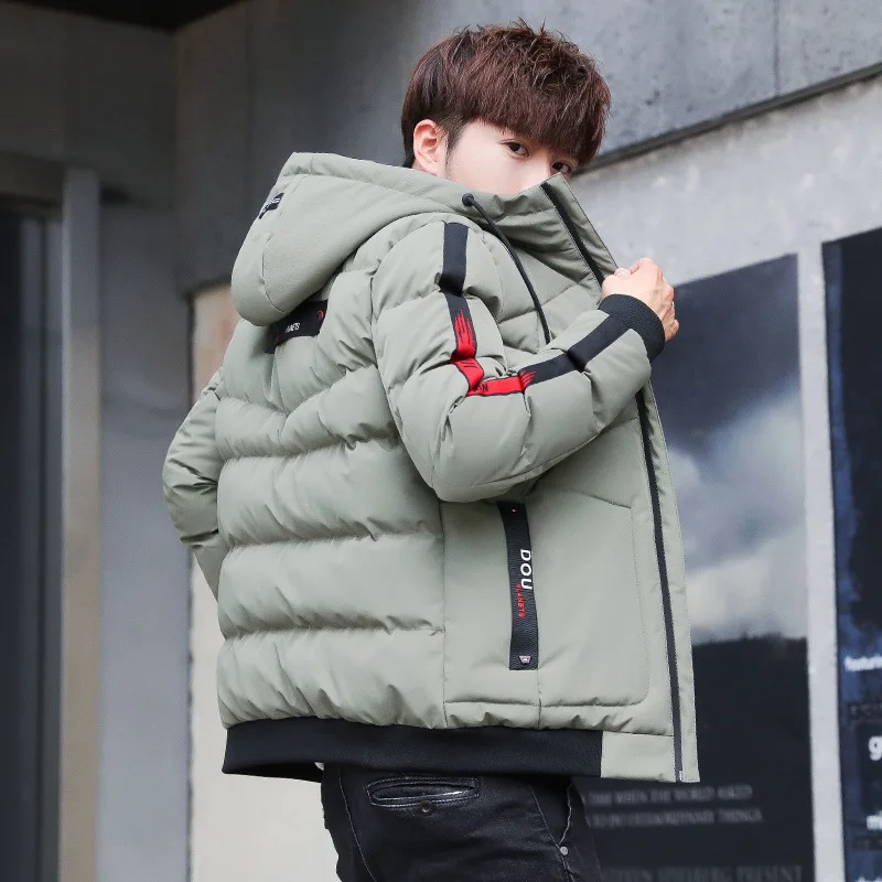 Men's Fashion Ribbon Stitching Winter Jacket Korean Style Clothes Youth Slim Thicken Winter Coat Harajuku Jacket with Hood