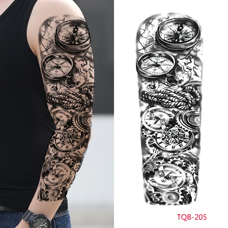 

Механический рукав на руку, временная татуировка, водонепроницаемая, для мужчин и женщин, картина тела, полная рукоятка, компас, искусственн...