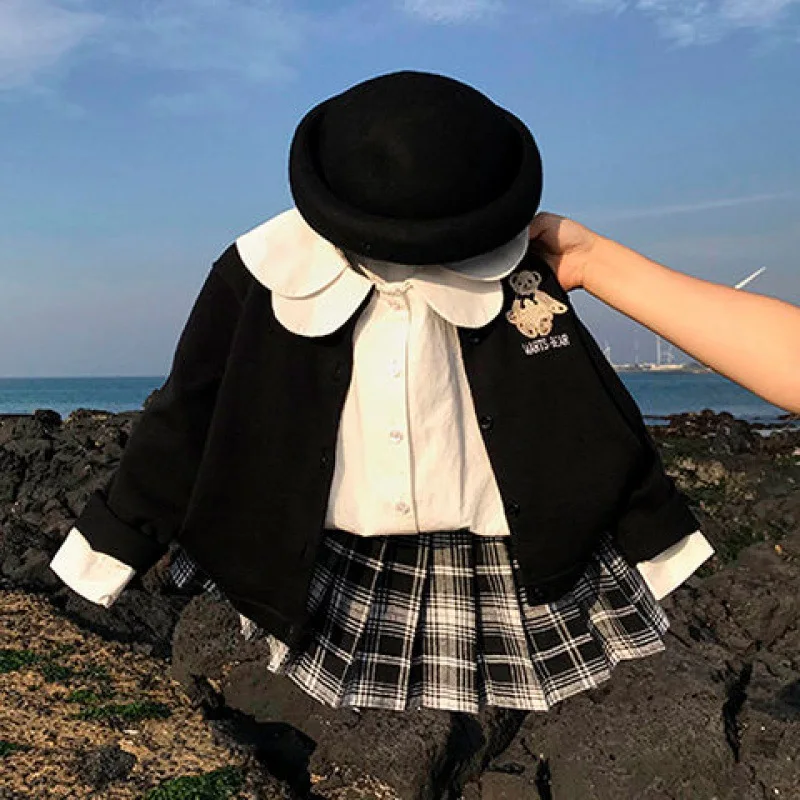 

Girls Jk Uniform 3Pcs Suits Spring Autumn Baby Clothes Sets College Style Knitted Cardigan Coat+White Shirt+Pleated Skirt