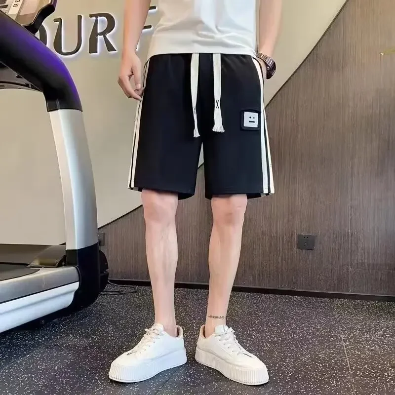 Men's Summer Short Sleeve Embroidered Logo Straight Leg Five-Pocket Pants Casual Striped Print Loose Fit