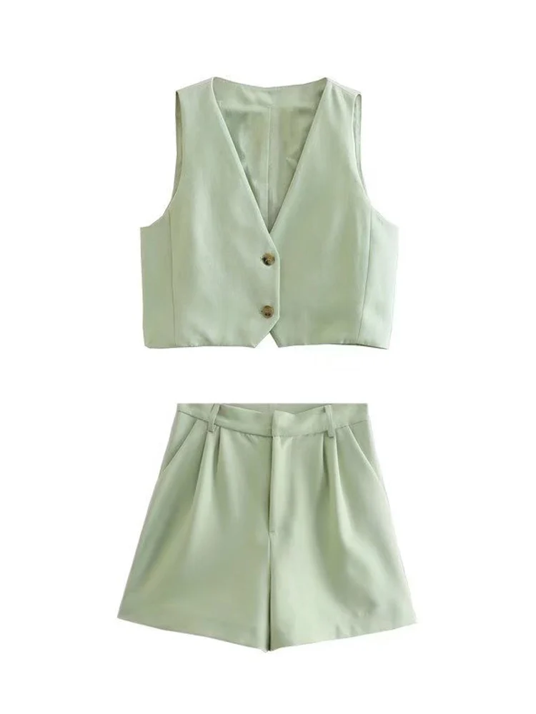 

2022 Summer Women Casual Suits 2 piece sets Solid V-Neck Linen Vests Coats and Shorts Female Sweet Street Suit Clothing
