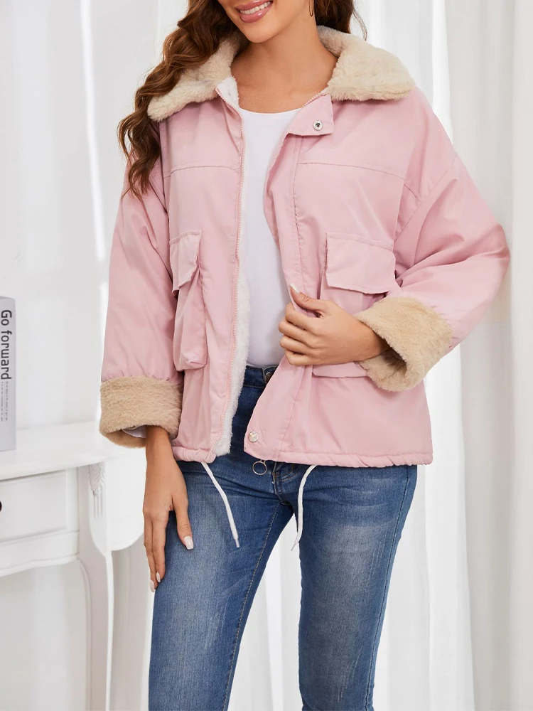 2023 New Turn Down Collar Long Sleeve Coats Casual Trendy Zipper Closure Outwears Autumn Winter Warm Thicken Comfy Lamb Jackets