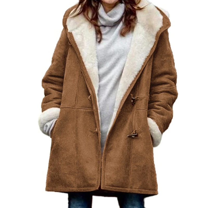 

Женское зимнее пальто, однотонное пальто, бархатное пальто с длинным рукавом, пальто с карманами и пряжкой из рога, теплые пальто с капюшоно...