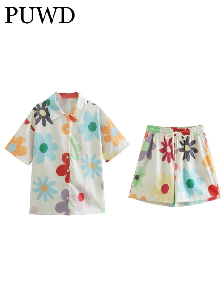 

PUWD Women Rainbow Floral Print Short Sleeve Shirt 2022 Spring Fashion Ladies Casual Beach Style Shirt Female Short Sleeve Shirt
