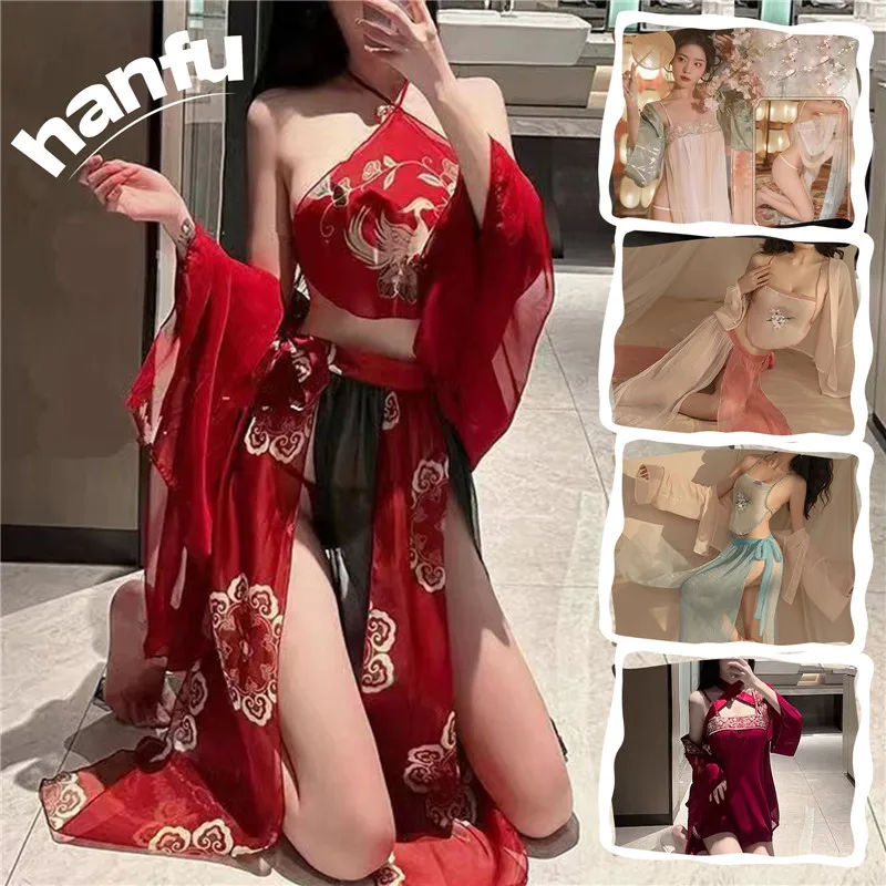 

Sexy Lingerie Ancient Chiffon Dress Women Large Size Belly Pocket Hanfu Temptation High Split Stage Costumes Cosplay Nightdress