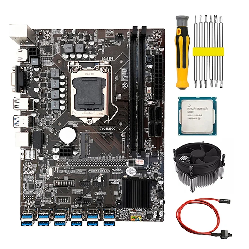 B250C BTC Mining Motherboard With G3900 CPU+Fan+Switch Cable+Screwdriver 12 USB3.0 Slots LGA1151 DDR4 RAM SATA3.0+MSATA