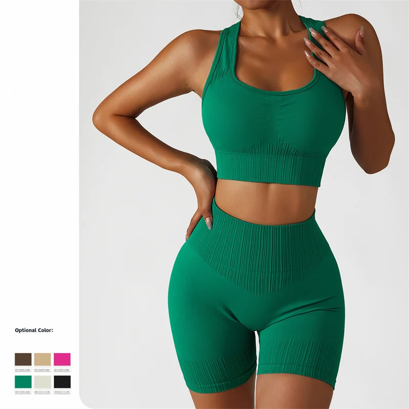 

2PCS Seamless Yoga Sets Workout Sportswear for Women Breathable Elasticity Tights Suits Crop Top Shorts Leggings Gym Clothes