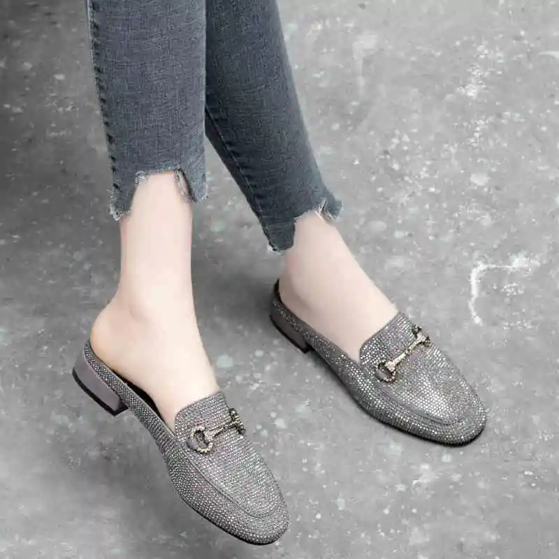 

Baotou Sandals And Slippers Women's Flat Bottom Outer Wear Spring New Sandals Rhinestone Fashion Summer Thick Heel Half Slippers