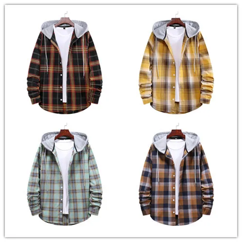 2022   New Men's Casual Loose Plaid Hooded Shirt Large Size Fashion Slim Top Casual Long Sleeve Shirt Handsome Man Mens Shirts