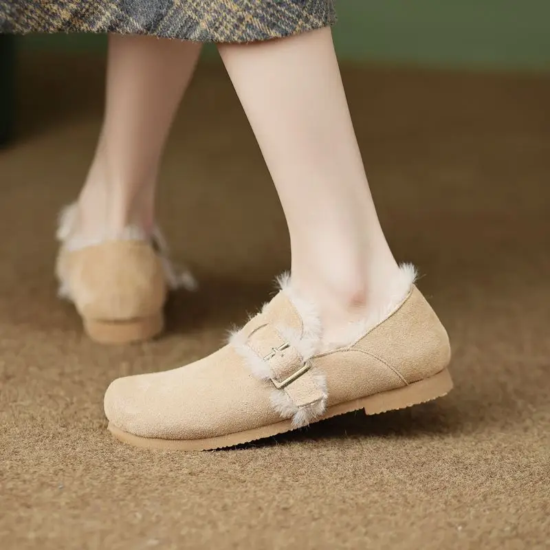 

Size 33-41 European Winter Keep Warm 30% Rabbit Hair Content Genuine Leather Women Heels Shoes Female Fashion Low Heel Shoes