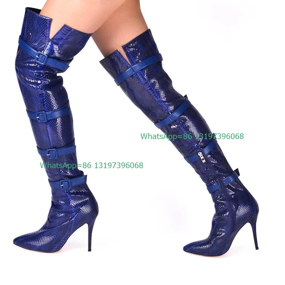 Женские сапоги со змеиным принтом дизайнерские с ремешком и пряжкой острым