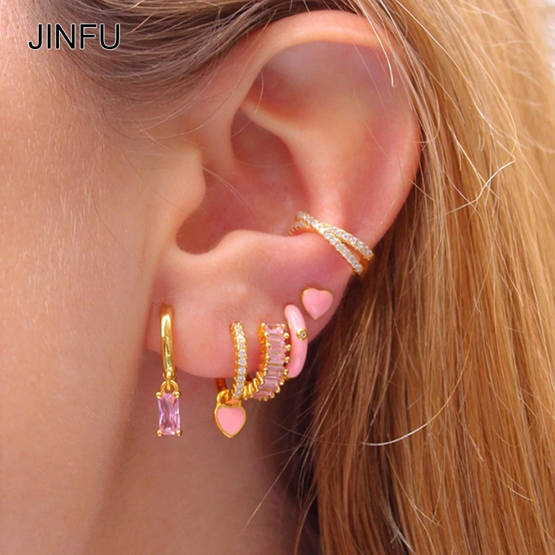 

JINFU Gold Plated Drop Hoop Earrings Set For Women Pink CZ Zircon Dripping Oil Heart Dangle Earrings 2022 Jewelry Wholesale