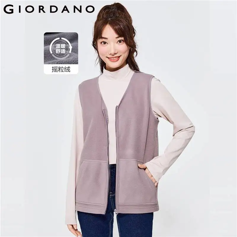 

GIORDANO Women Vests Open Placket Zip Front V-Neck Polar Fleece Vests Kanga Pocket Plain Color Casual Warm Simple Vests 13372819