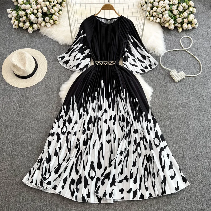 

Fashion Print Mid-Length Ladies Black Dress With Sashes Summer Vestidos Round Neck Flare Sleeve Women Elegant Pleated Dresses