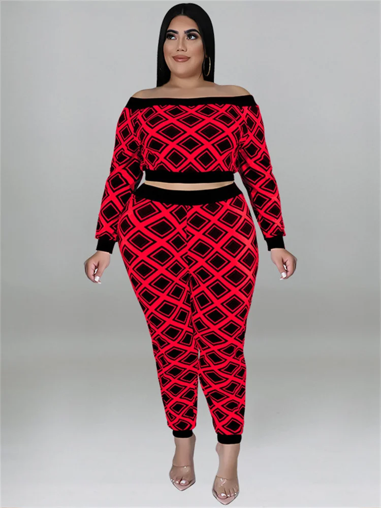Plus Size Two Piece Outfits Women Fall Clothing Plaid Print Top and Pants Sets Casual Matching Set Who 3xl 4xl 5xl 6xl