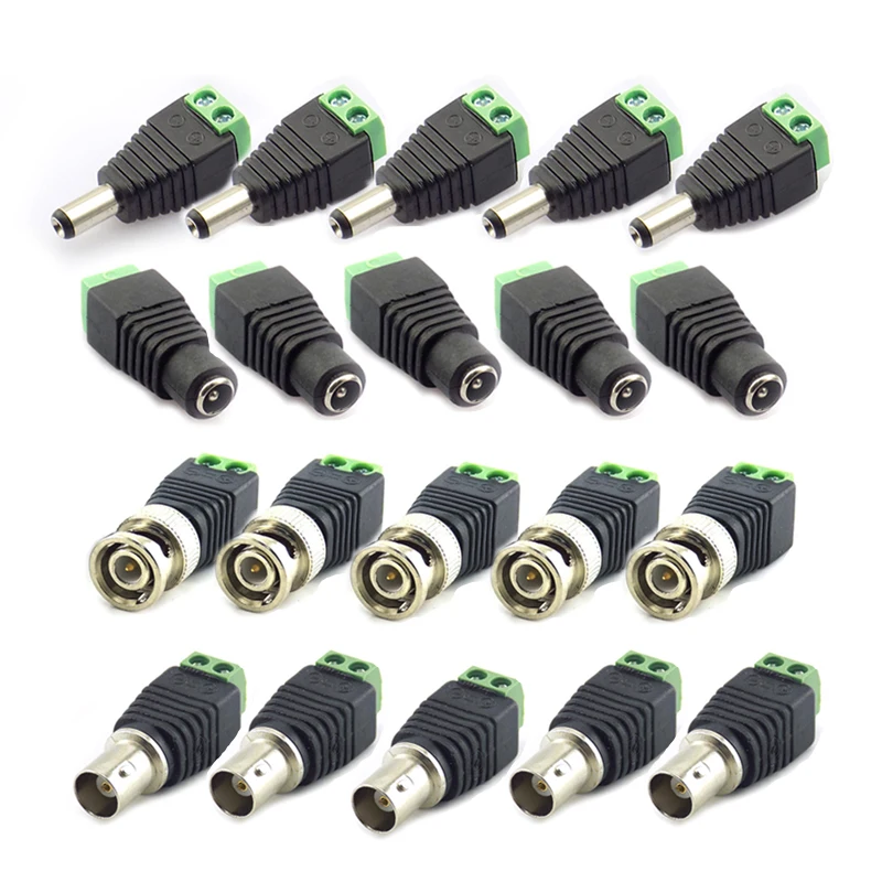 

10pcs 12V 2.1*5.5mm DC BNC Male Female Adapter Coax CAT5 Video Balun Plug Connector for Led Strip Lights CCTV Camera Accessories