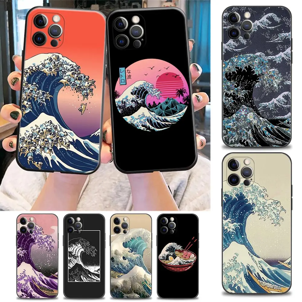 

The Big Wave of kanagawae Phone Case for iPhone 11 12 13 Pro Max 7 8 SE XR XS Max 5 5s 6 6s Plus Black Soft Case Cover