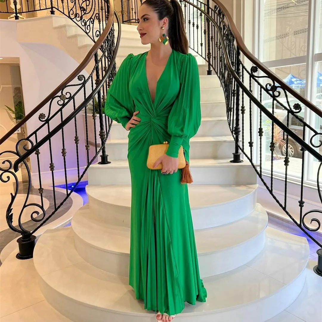

Lantern Sleeve Evening Dresses for Wedding Guest Floor Length Green Chiffon Party Gowns for Women V-Neck Probe femme soirée