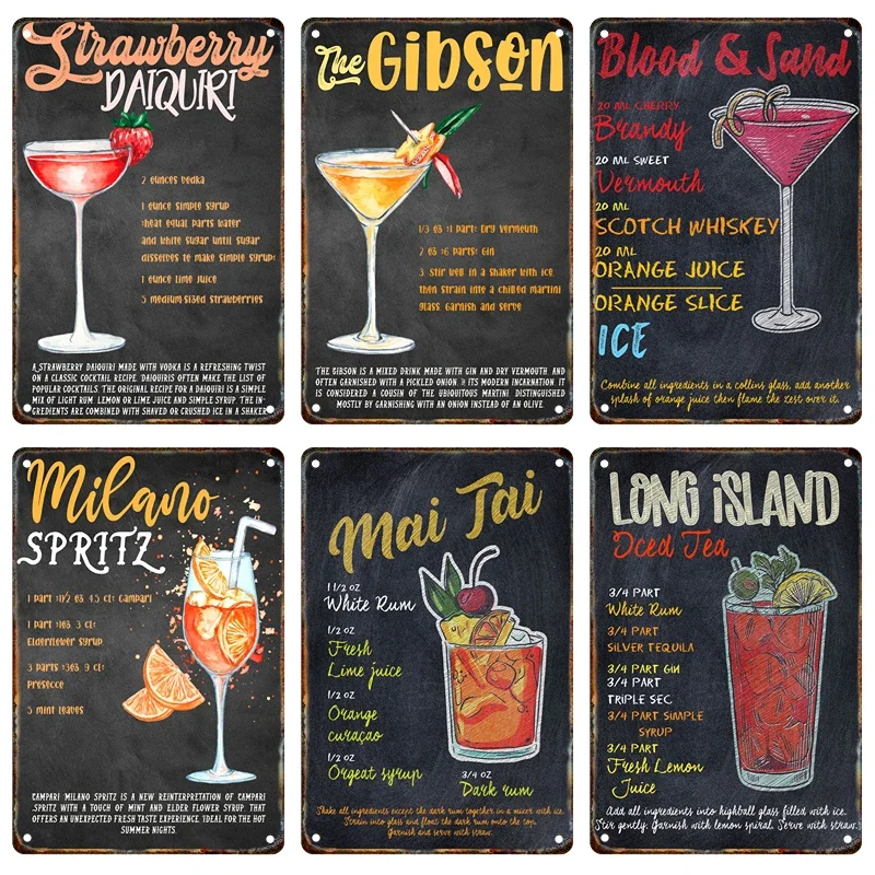 Винтажная металлическая вывеска для коктейлей Оловянная живопись постер bBillboard