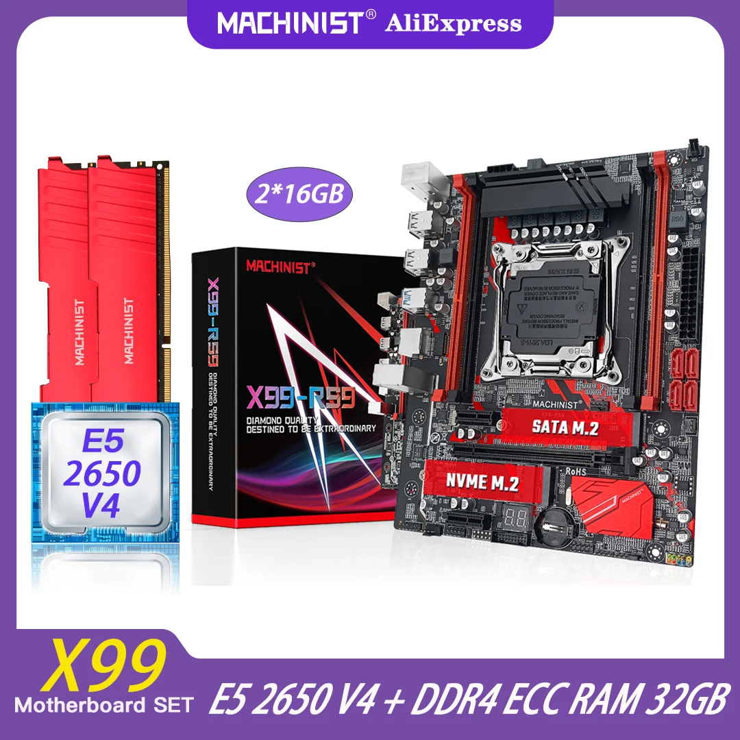

MACHINIST X99 Motherboard Kit Set With Xeon E5 2650 V4 CPU Processor DDR4 32GB(2*16G) ECC RAM Memory LGA 2011-3 NVME M.2 ATX RS9