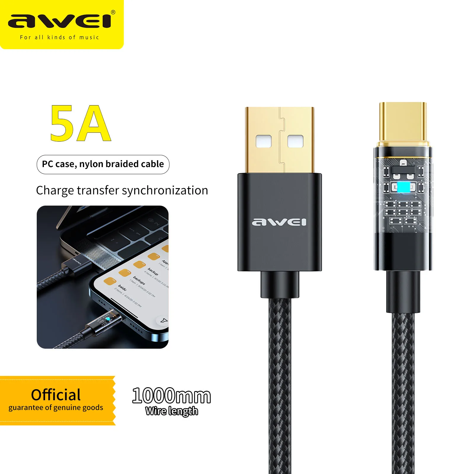 Зарядный кабель Awei с USB Type-C для HUAWEI Xiaomi зарядный провод iPhone 14 13 pro 5A быстрой