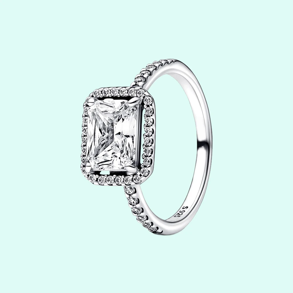 

New 925 Silver Rectangular Sparkling Halo Ring fit for Pandora Luxury Jewelry Engagement Women Gift