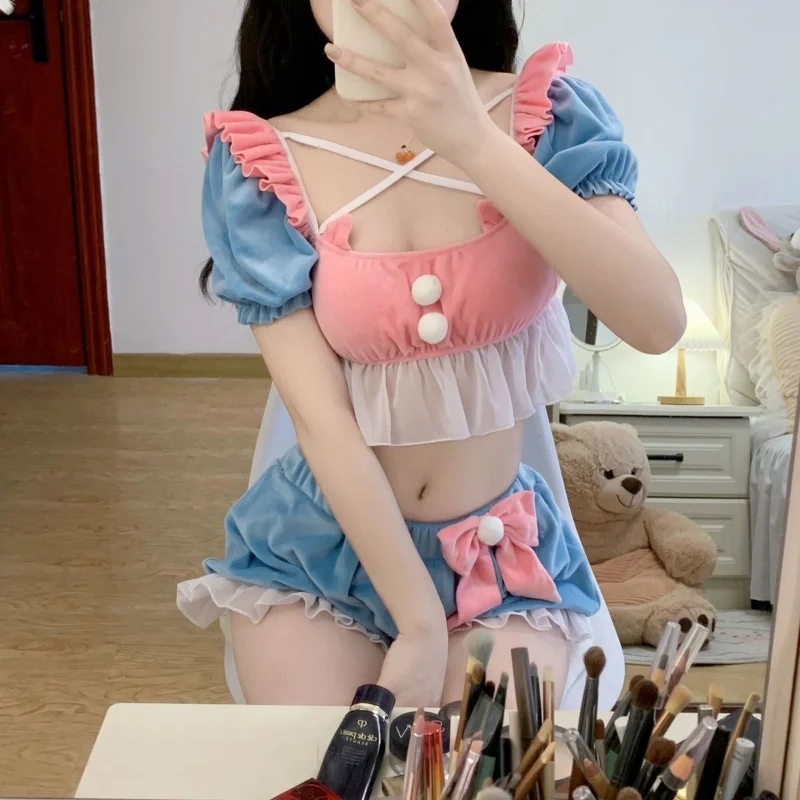 QWEEK Japanese Sweets Cute Pajamas Suits with Shorts Bow Ruffle Room Wear Kawaii Velvet Lingerie Sleepwear 2 Pieces Tops + Pants