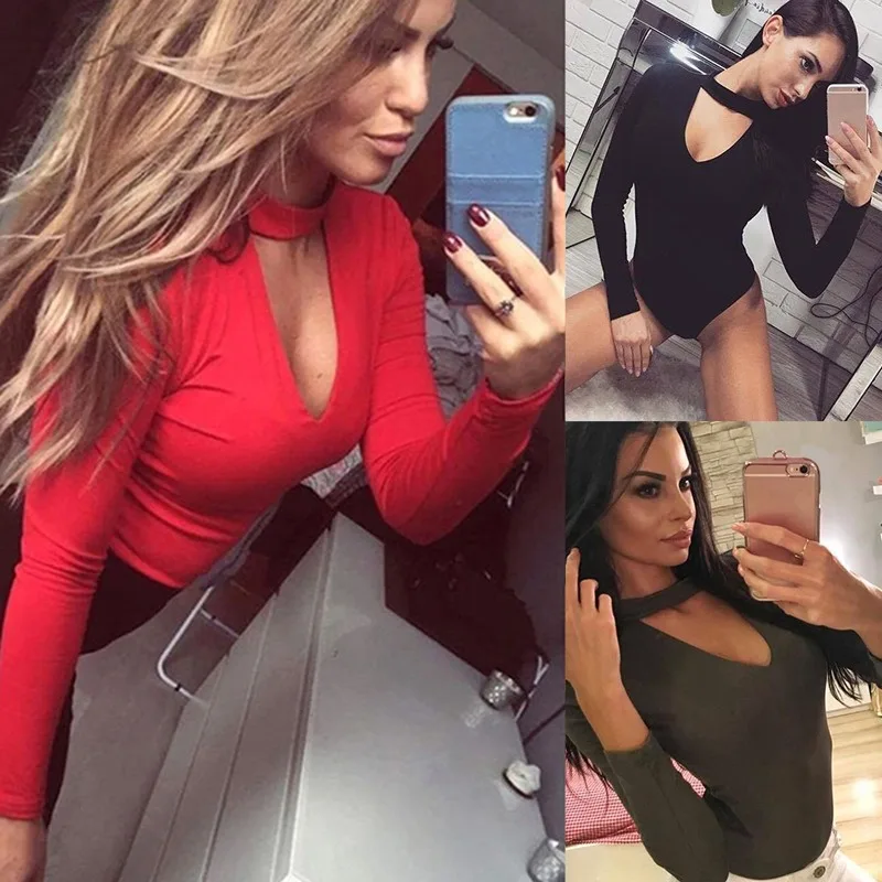 

2022 Sexy Womens Long Sleeve Bodysuit Choker Romper Deep V Neck Bodycon Body Suit One Piece Fitness Overalls Body Mujer