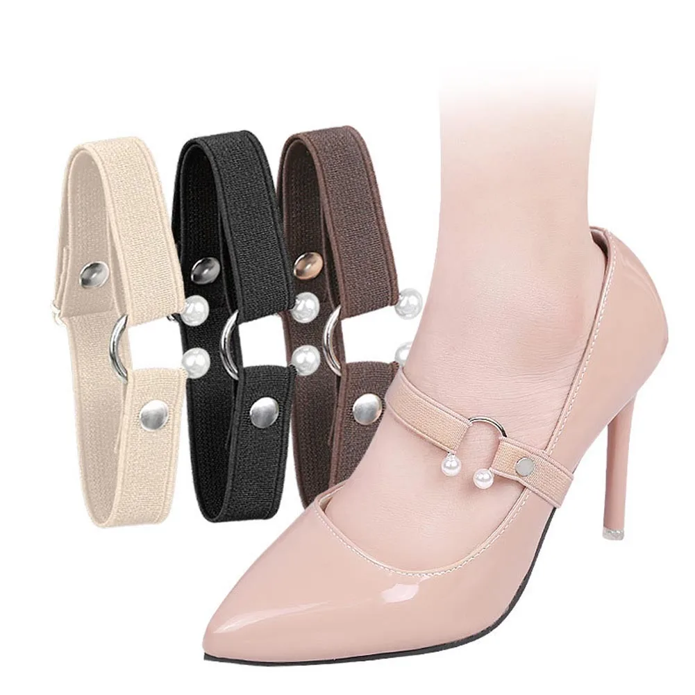 

1 Pair Women Shoelace for High Heels Adjustable Elastic Shoe Strap Belt Ankle Holding Anti-Skid U-shaped Pearl Lazy Shoelace