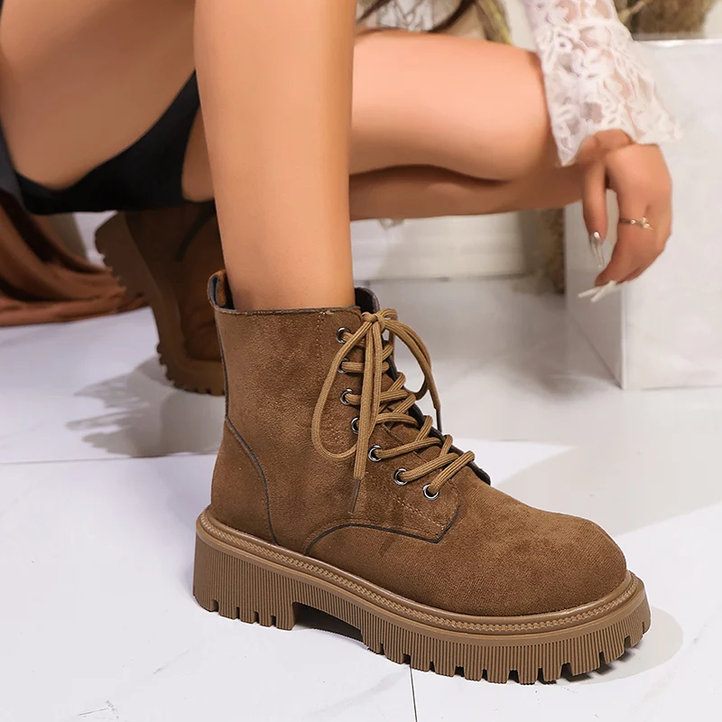 Женские ботильоны на платформе Dark Borwn мотоциклетная обувь толстой подошве с