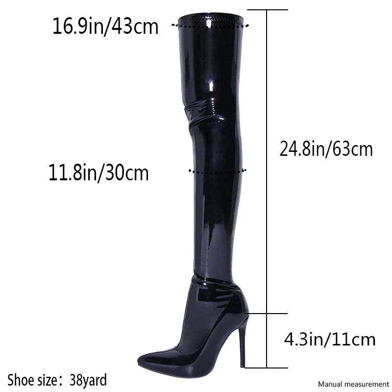 Fashion Black Patent Leather Thigh High Boots 2022 Winter Pointed Toe Slip On High Heels Long Boots Show Dress Shoes images - 6