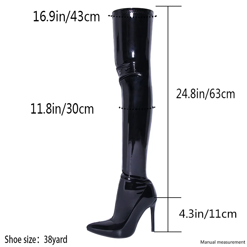 Fashion Black Patent Leather Thigh High Boots 2022 Winter Pointed Toe Slip On High Heels Long Boots Show Dress Shoes