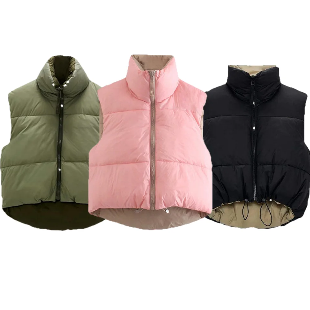 Waistcoat Sleeveless Simple Thick Sleeveless Drawstring Short Women Waistcoat Zip Up Stand Collar Padded Cropped Puffer Quilted