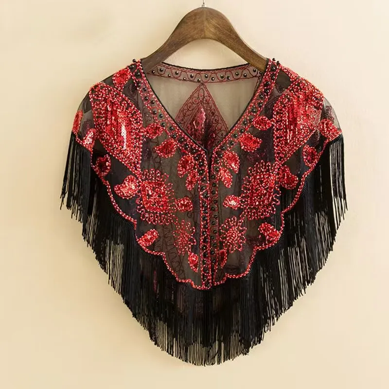 

New Embroidery Vintage Traditional Women's Shawl Sequins Tassel Short Cardigan Fashion Hollow Mesh Ceremonial Dress Shawl