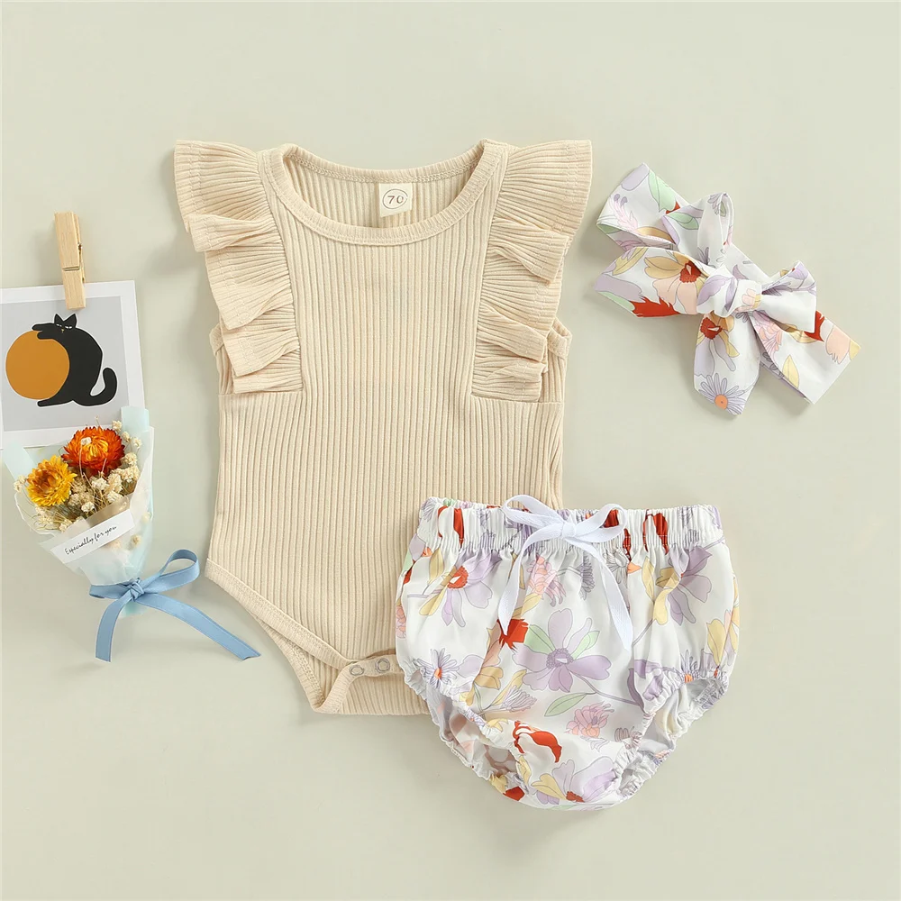 

Summer Girls 2 Pcs Romper Sets Toddler Kids Solid Ruffle Sleeveless Bodysuit Floral Printing Shorts Headwear Baby Clothing