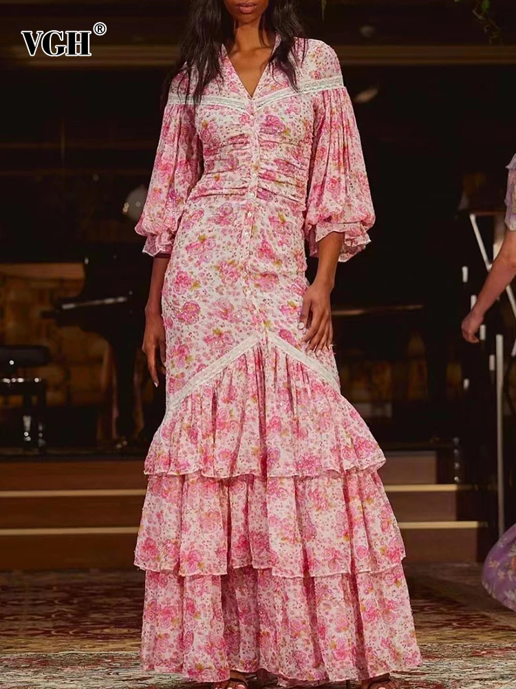 

VGH Layered Hem Lace Panel Midi Dresses For Womens V Neck Long Sleeve High Waist Print Floral Vintage Dress Female Clothing New