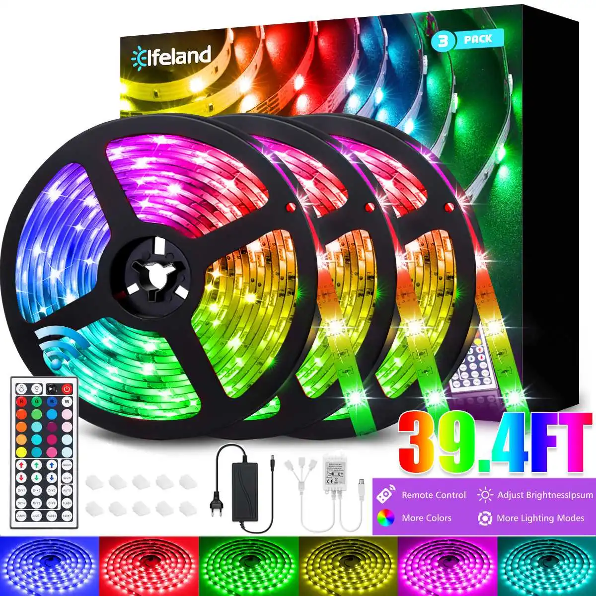 

5050 RGB LED Strip Light 3*4M Non-Waterproof Controller Remote Control 12V 5A Power Supply For Theaters Festivals Shopping Malls