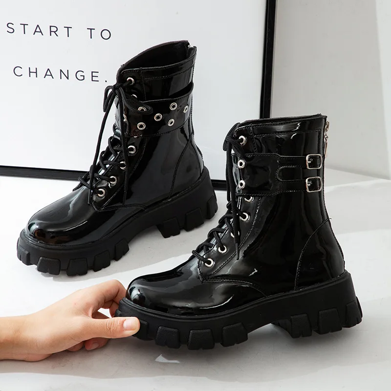 Platform Patent Leather Boots Rivet Women Autumn Punk Motorcycle Boots Block Gothic Thick Sole Shoes Women Mid-Calf Boots