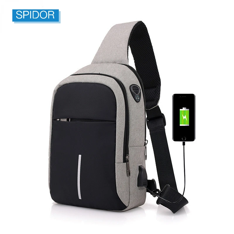 SPIDOR small usb charge shoulder bag men messenger bags male waterproof sling chest bag boy travel bagpack men cross body bags