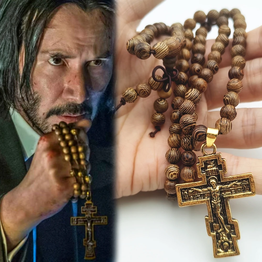 

Movie John Wick Baba Yaga Cosplay Necklace Unisex Beads Chain Jesus Cross Pendant Necklaces Jewelry Accessories Gifts