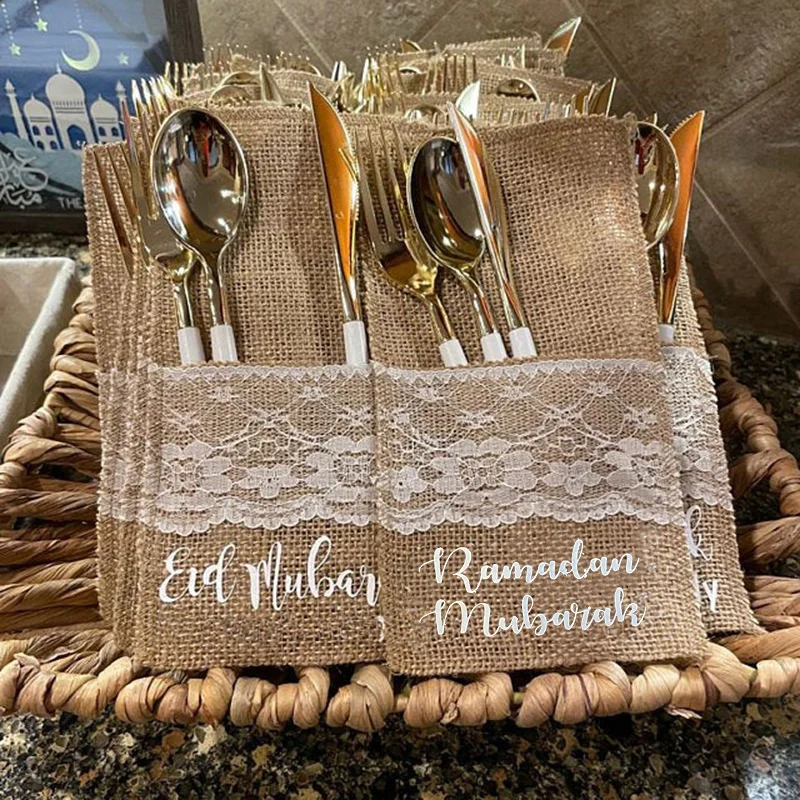 

5pcs Eid Ramadan Mubarak Burlap cutlery holder farm Al Adha Muslim Islamic Kareem family dinner Iftar BBQ table decoration gift