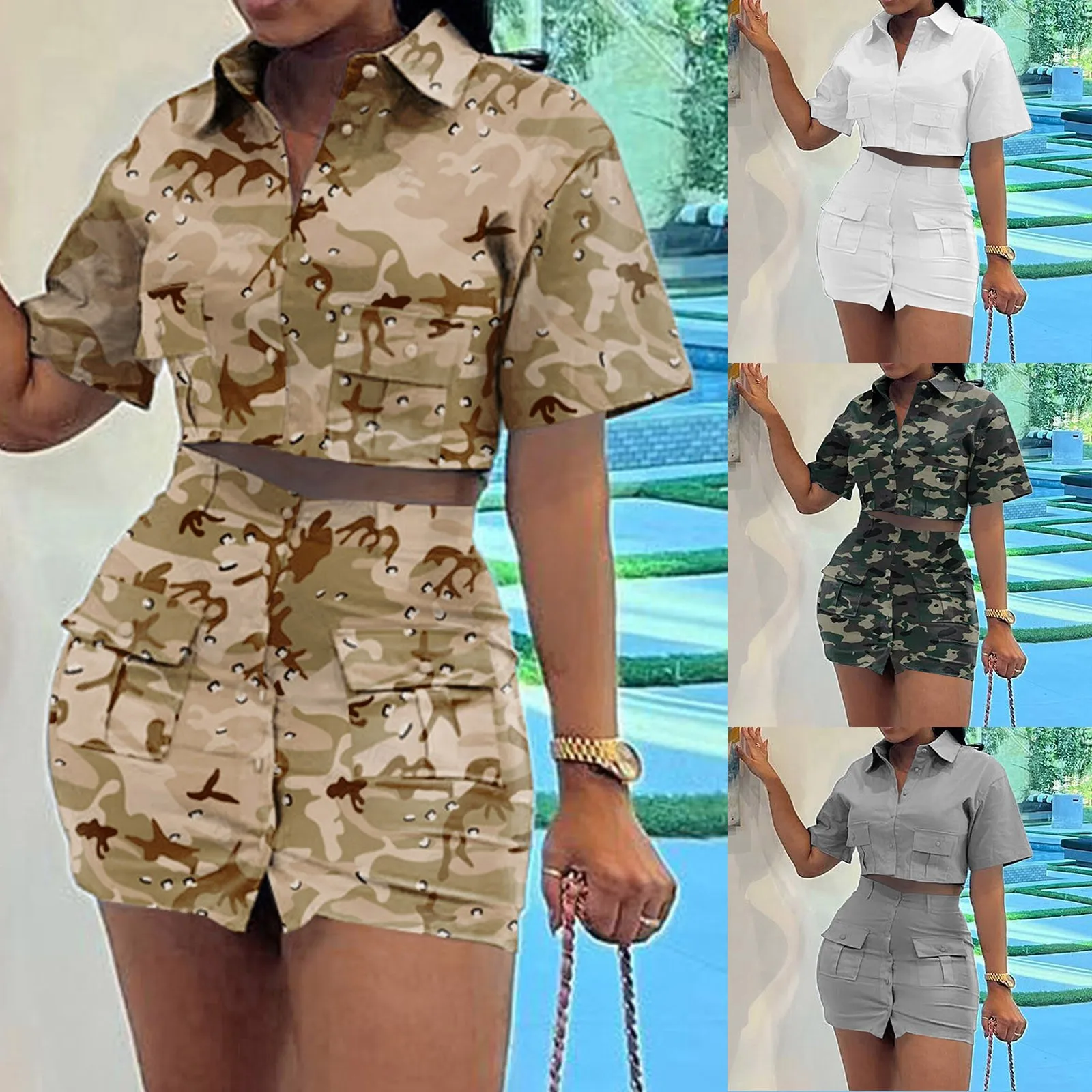 

Женский модный летний комплект из двух предметов с принтом, повседневный костюм из двух предметов, костюм с воротником, платье, купальник, облегающие Комбинезоны для женщин